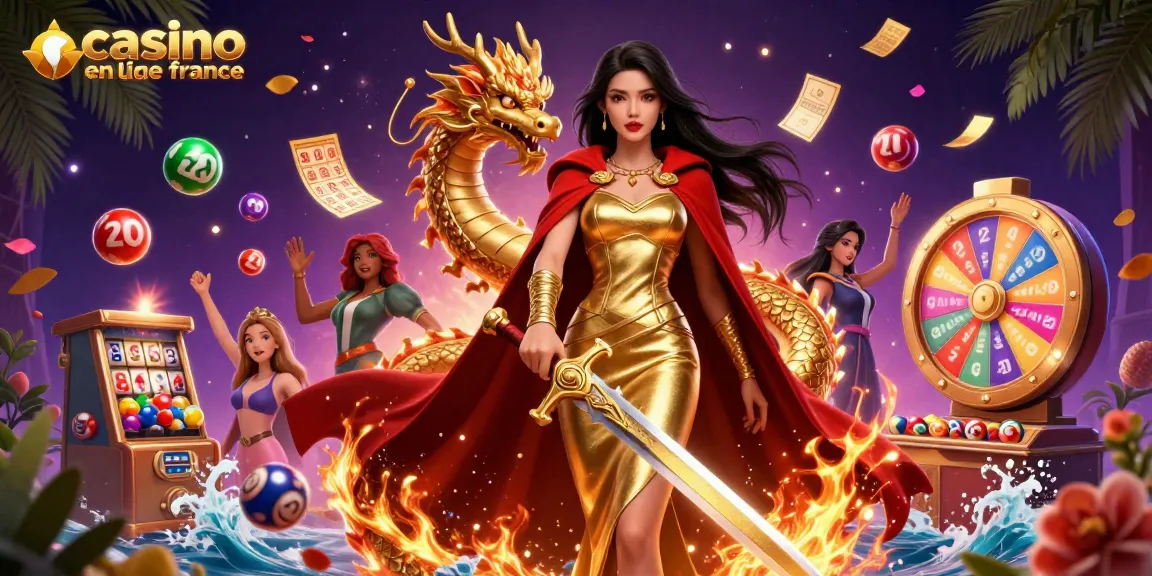 Vivez l'excitation du casino en ligne France avec une scène époustouflante de reine guerrière entourée de jeux.