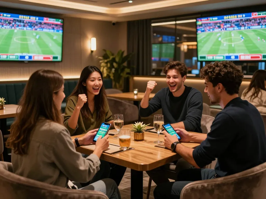 Excited friends placing bets on the 888new bet app while watching live sports