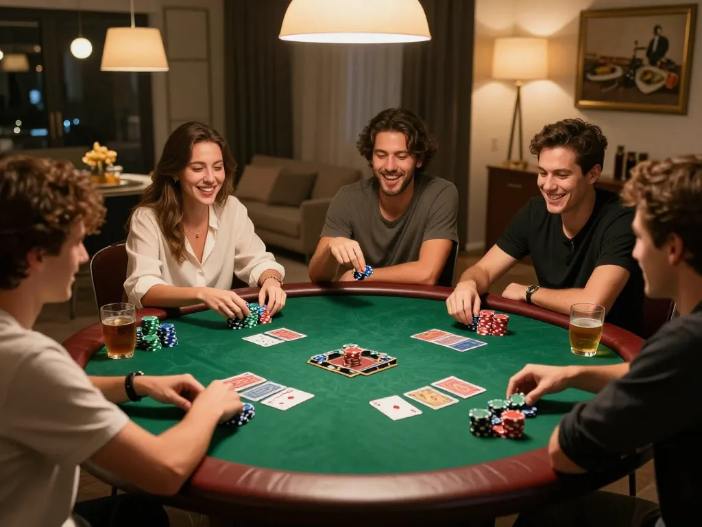 Exciting poker night with friends strategizing in a home setting using the five88g platform.