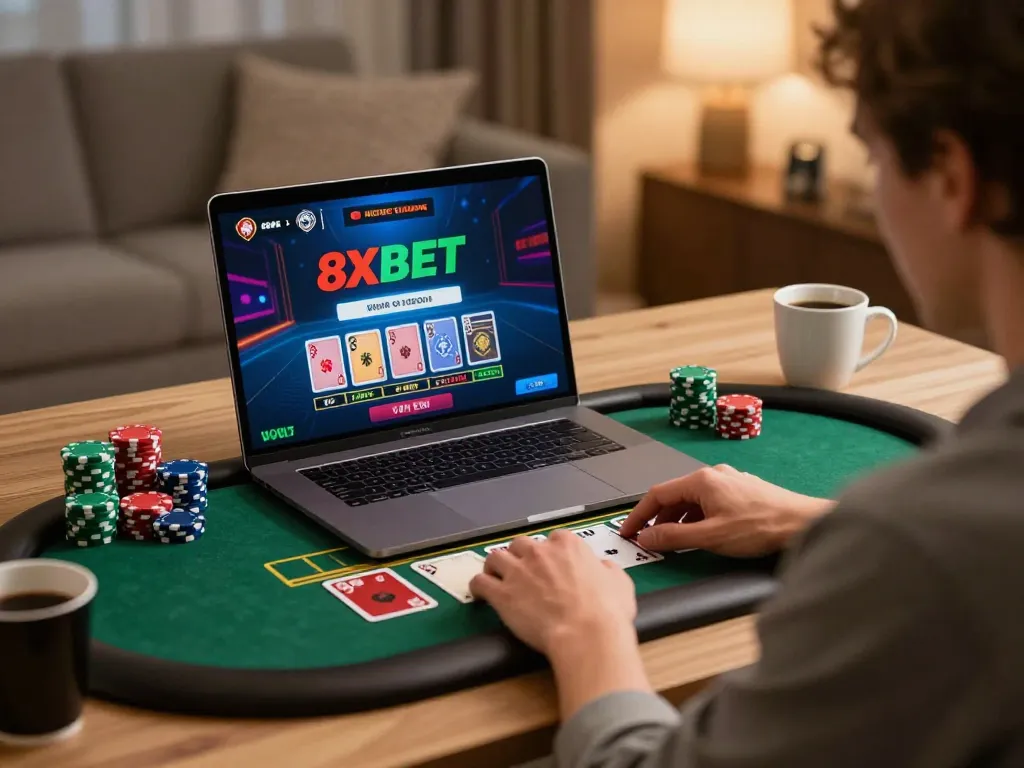 Engaged player enjoying 8xbet live dealer game on laptop at home for strategic betting.