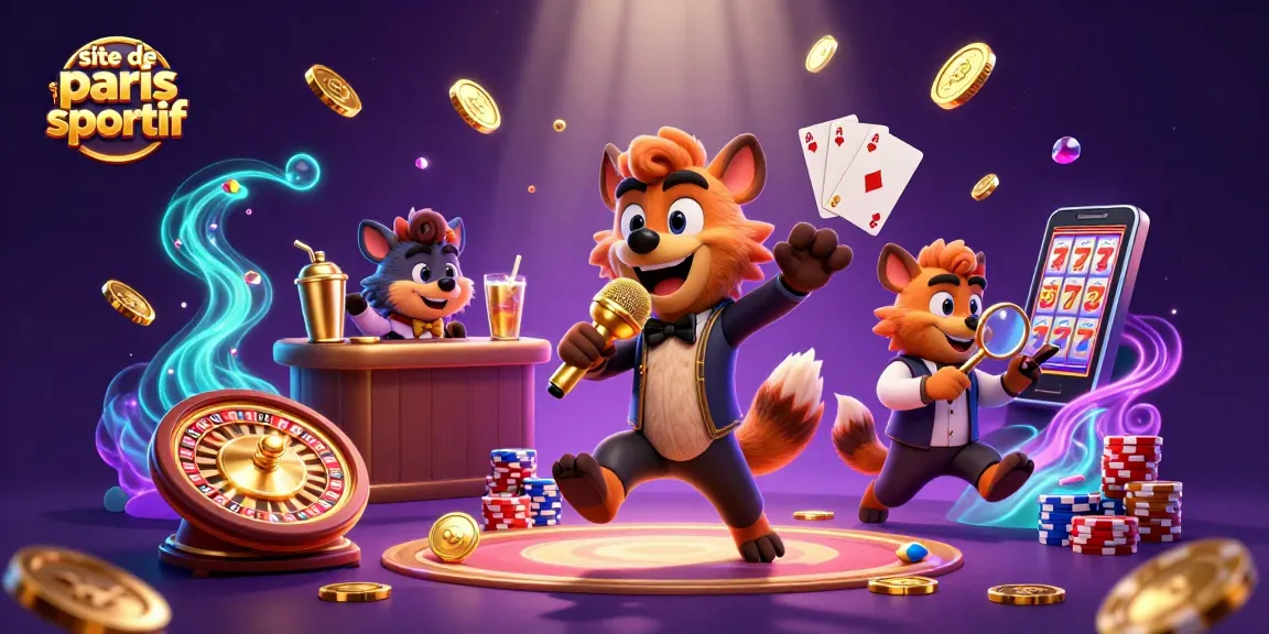 Les hyènes animées d'un site de paris sportif font un spectacle comique autour de jeux de casino éblouissants.