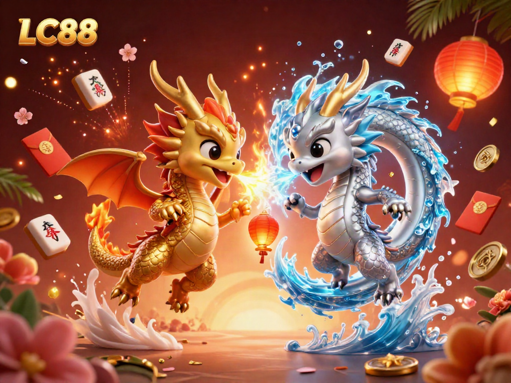 Experience the exciting world of LC88 with dynamic dragons and festive symbols ready for gaming.