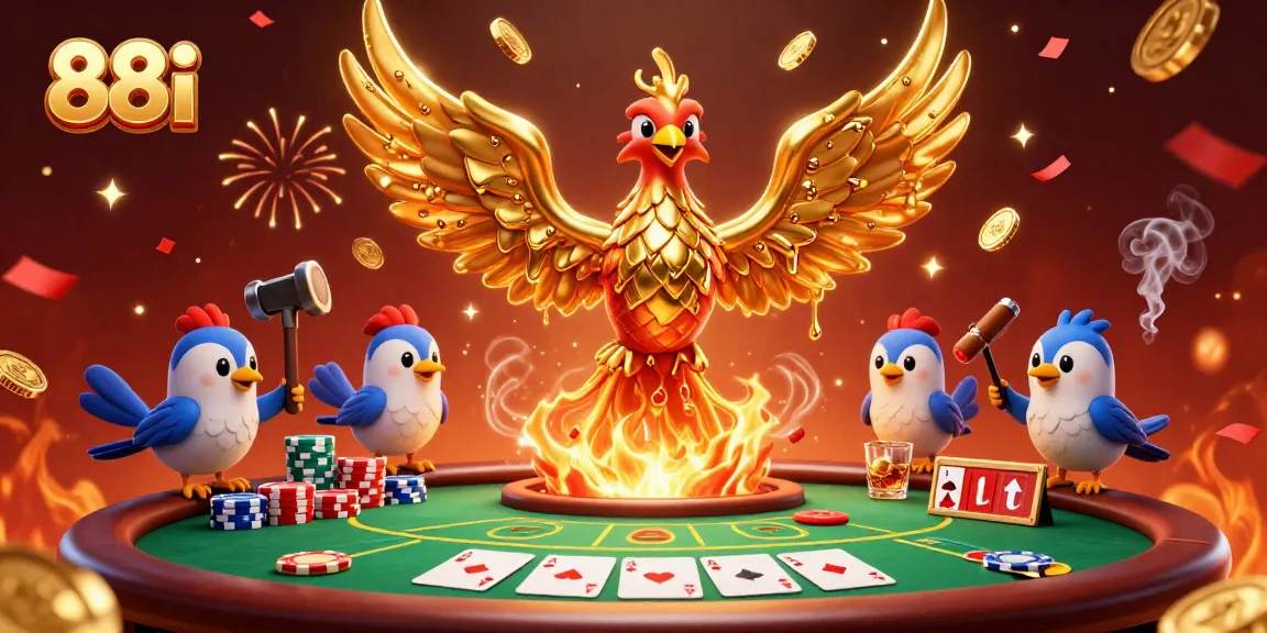 Experience thrilling poker excitement with 88i in this dynamic 3D artwork featuring golden phoenix and vibrant casino elements.