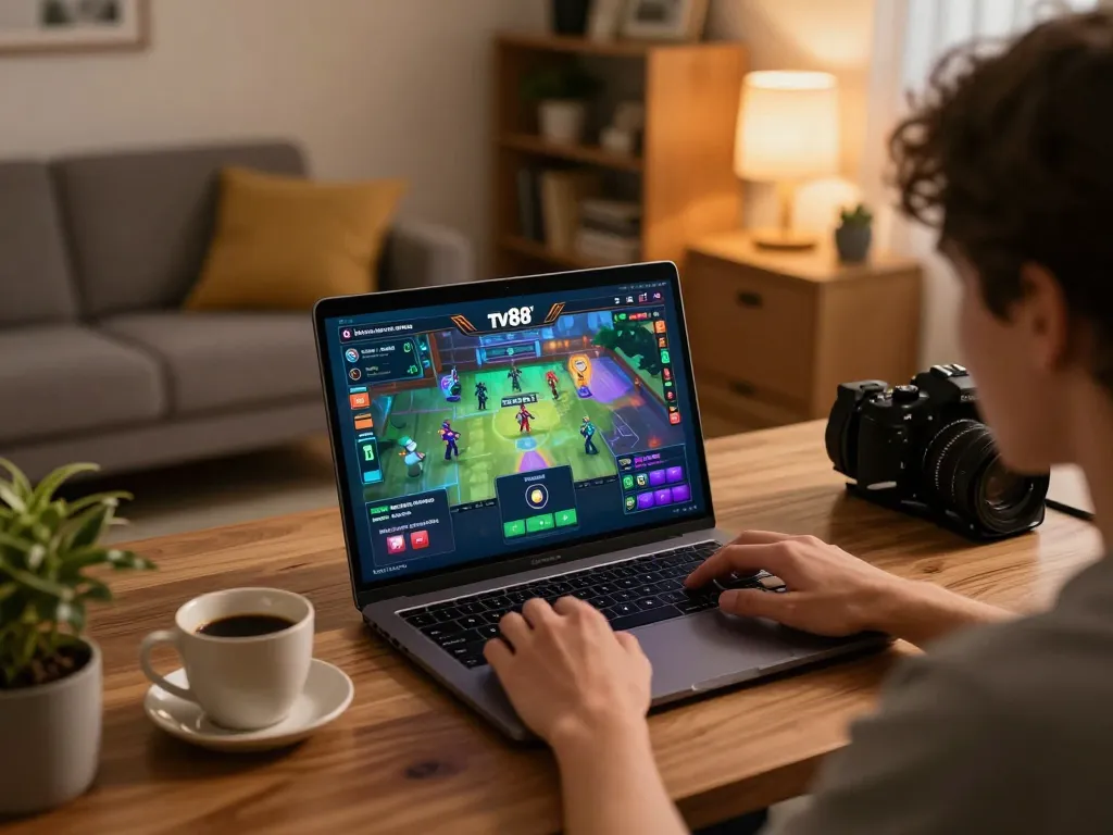 Engaging gameplay in tv88 game from a cozy home setup with warm lighting.