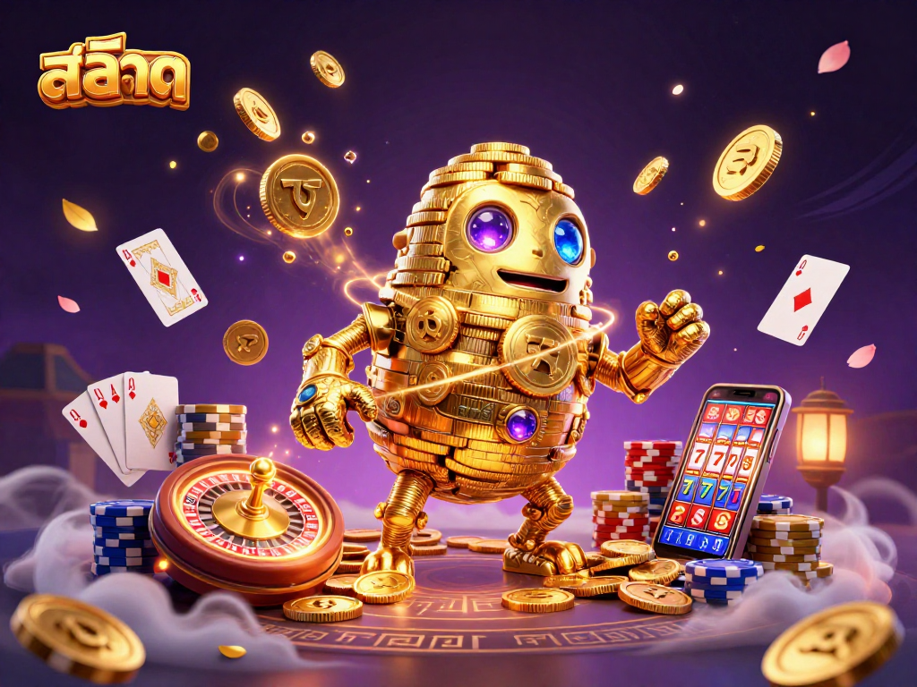 Spin the reels of สล็อต with stunning visuals, including a golden golem made of coins amidst vibrant casino elements.