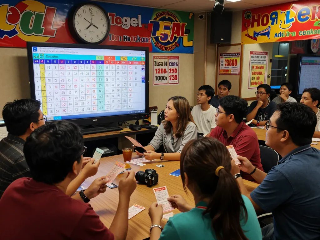 Excited players watching Togel Hongkong lottery results live on screen, showcasing the vibrant HK gaming lounge atmosphere.