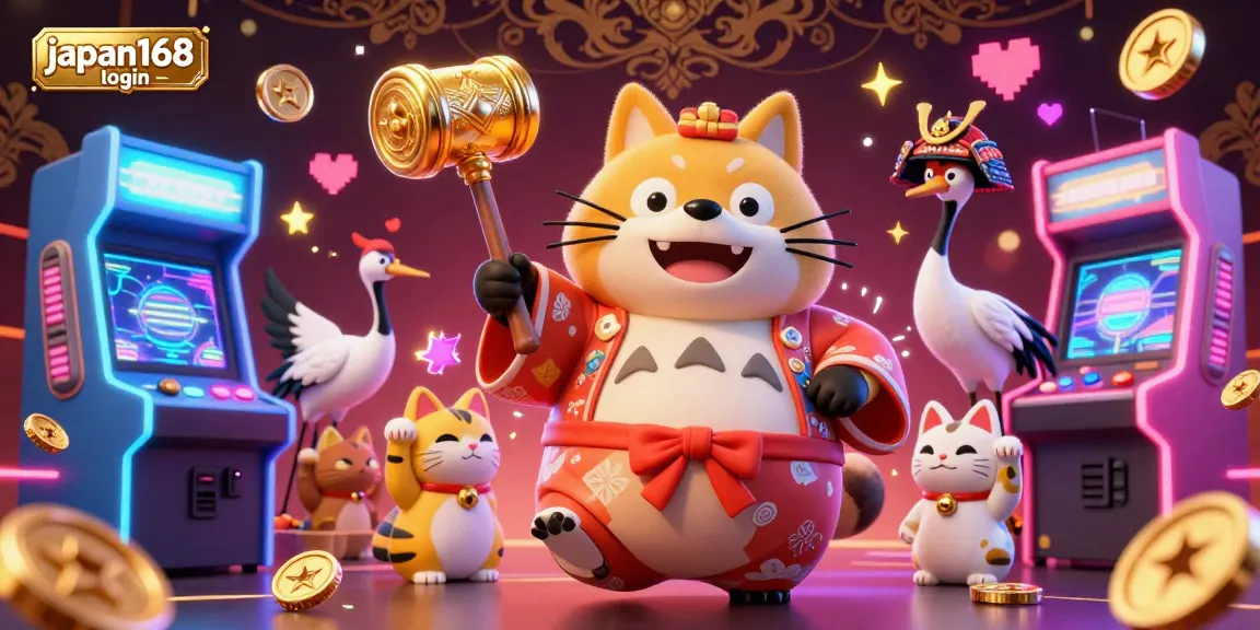 Engage with exciting features at japan168 login, showcasing a vibrant 3D scene with traditional Japanese characters and casino elements.