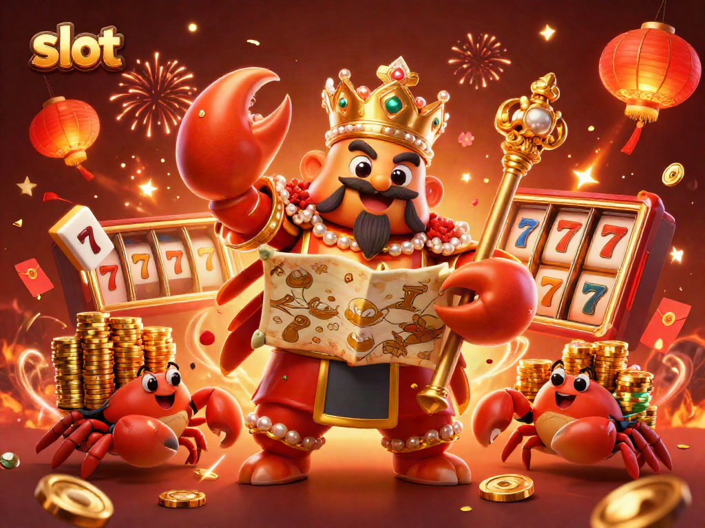 Spin the reels with a giant crab emperor in this exciting slot-themed casino scene.