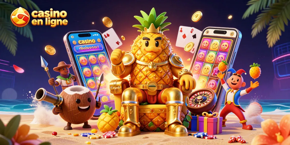 Jouez au casino en ligne avec le roi ananas et ses gardes sur une plage de casino animée.
