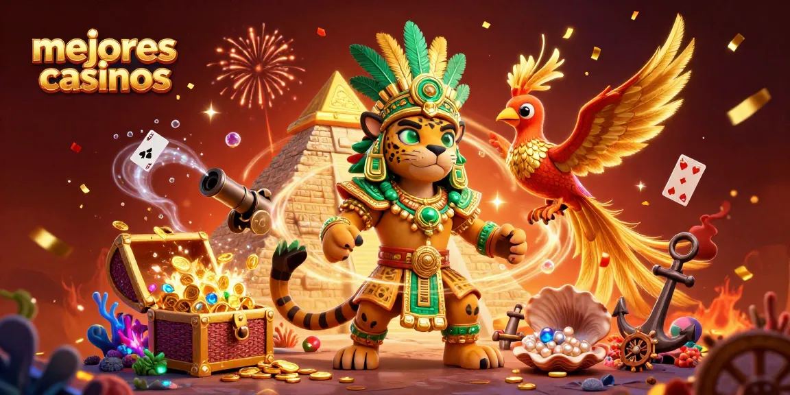Disfruta de la experiencia en los mejores casinos, simbolizada por un jaguar sacerdote y un quetzal junto a tesoros.