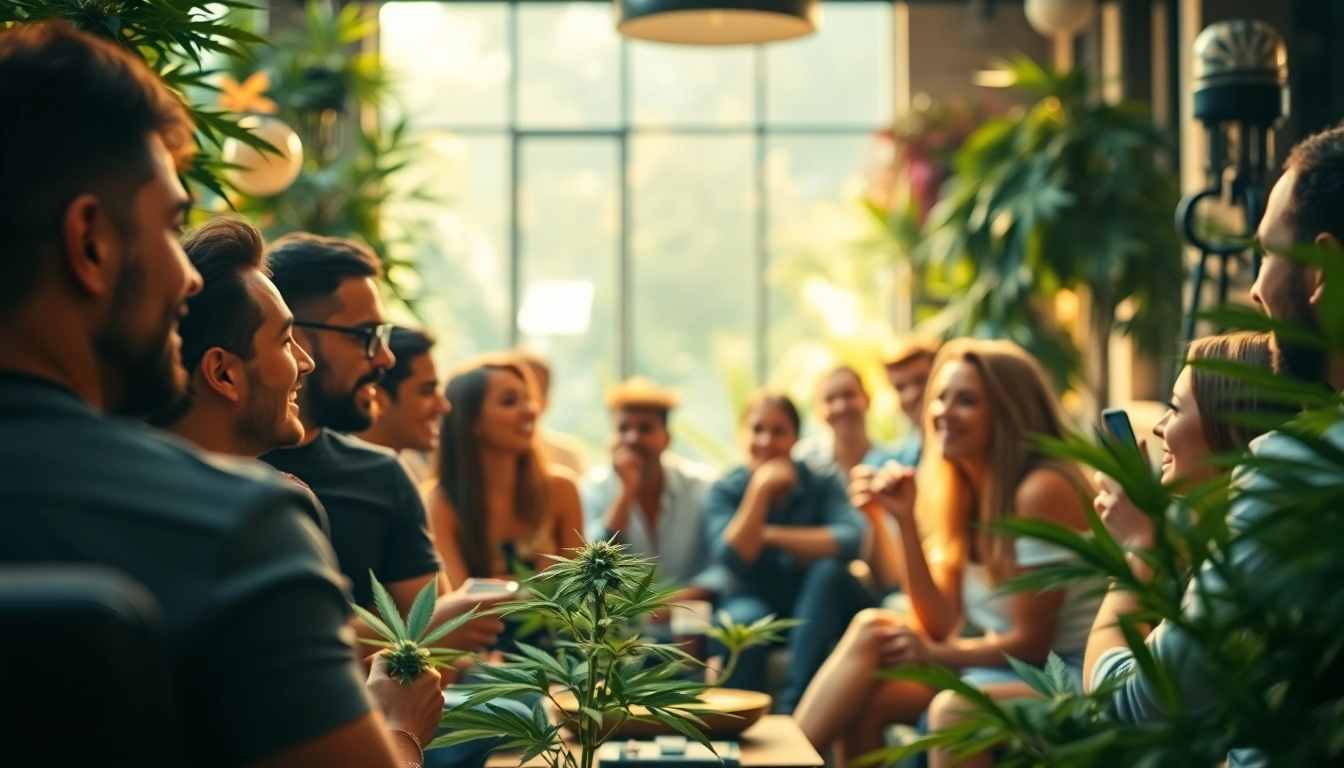 Enthusiastic members enjoying Weed Club Madrid, engaging in relaxed conversation amidst lush greenery.