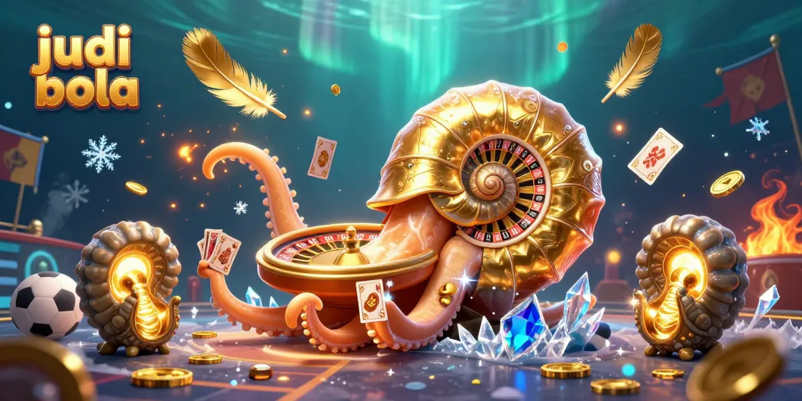 A vibrant scene of judi bola sports betting, featuring a nautilus roulette wheel and glowing ammonite companions.