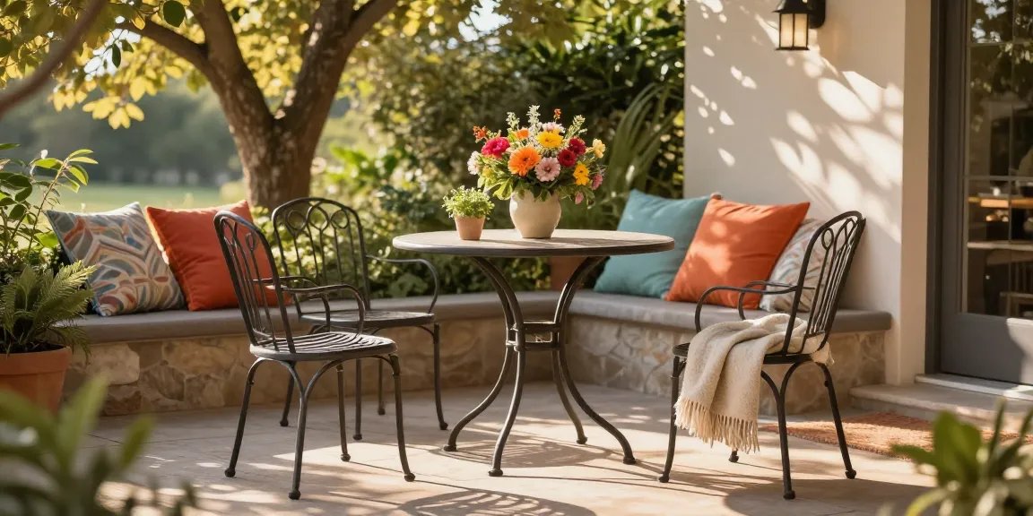 Small patio furniture sets featuring a bistro set with vibrant decor in a sunlit outdoor space.