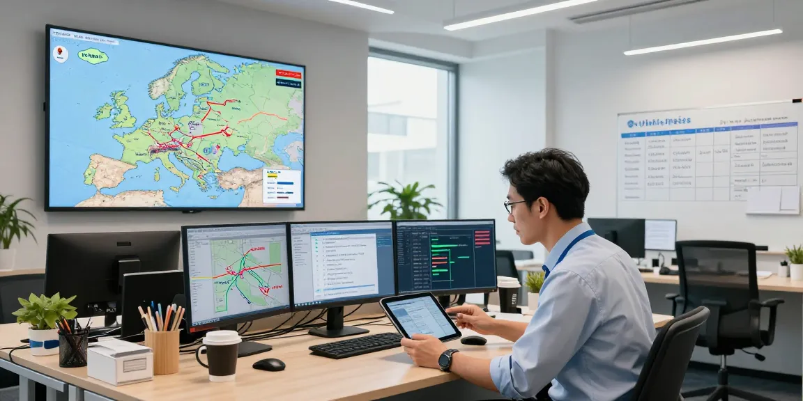 Effizienter europaweiter Transport von Dortmund: Moderne Logistikverwaltung mit Tracking-Daten und Routenplanung.