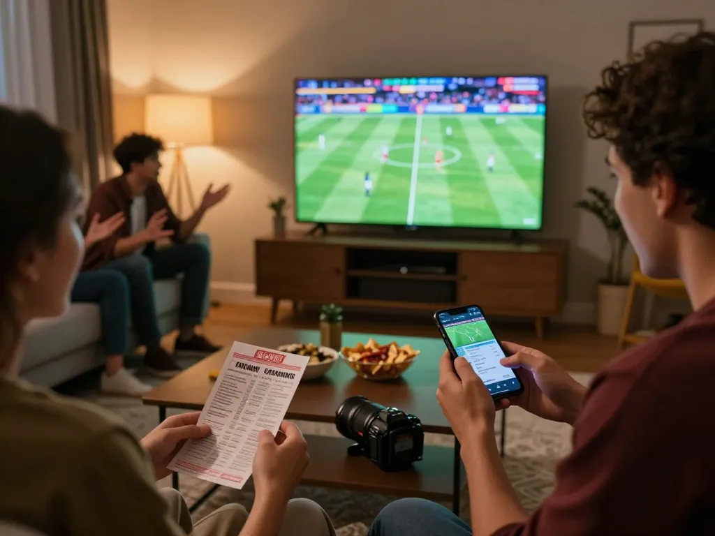 Exciting moment of sports betting with betbet app on smartphone in a cozy living room setting