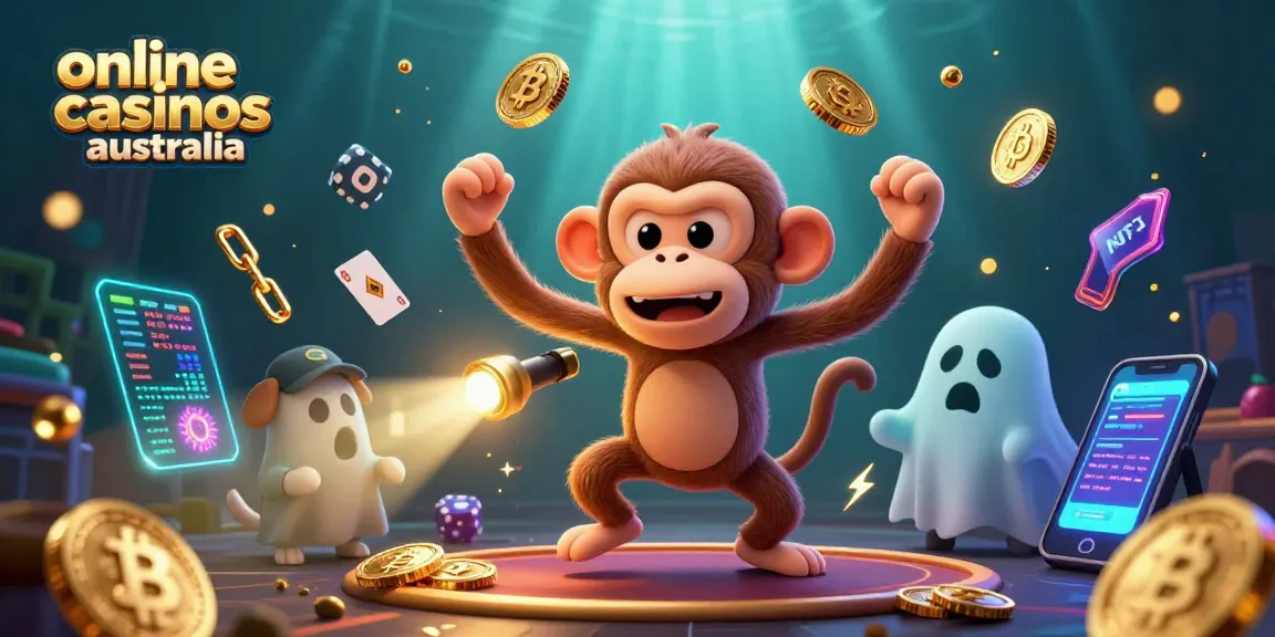 Engage with online casinos Australia through a lively illustration featuring a mischievous ghost monkey and a curious puppy.
