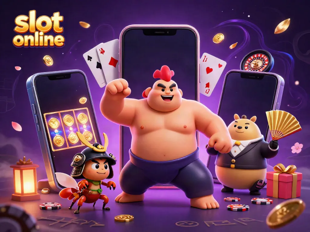 Visualisasi slot online dengan karakter permainan yang dinamis dan latar casino yang memukau.