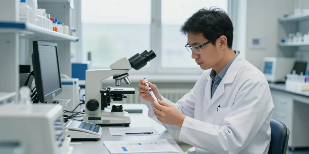 Laboratory researcher examining Swiss Chems peptides with equipment and notes.