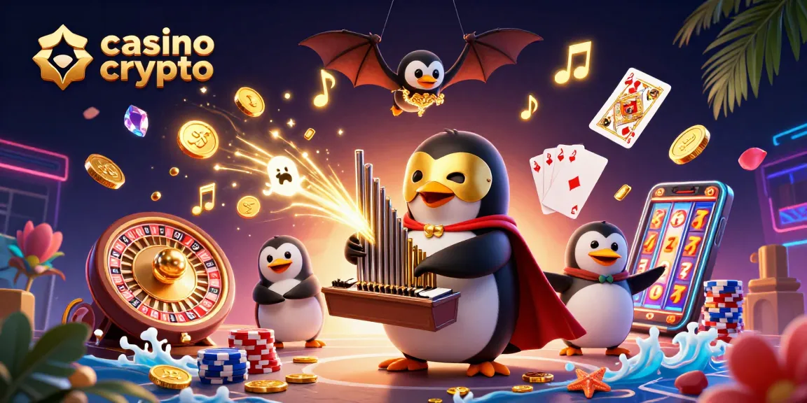 Profitez de l'expérience immersive d'un casino crypto avec un pingouin d'opéra jouant sur un orgue dans un décor animé.