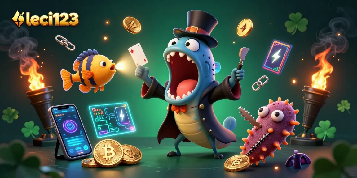Experience thrilling action with leci123 as the deep-sea gulper eel performs card tricks surrounded by crypto elements in a vibrant casino scene.