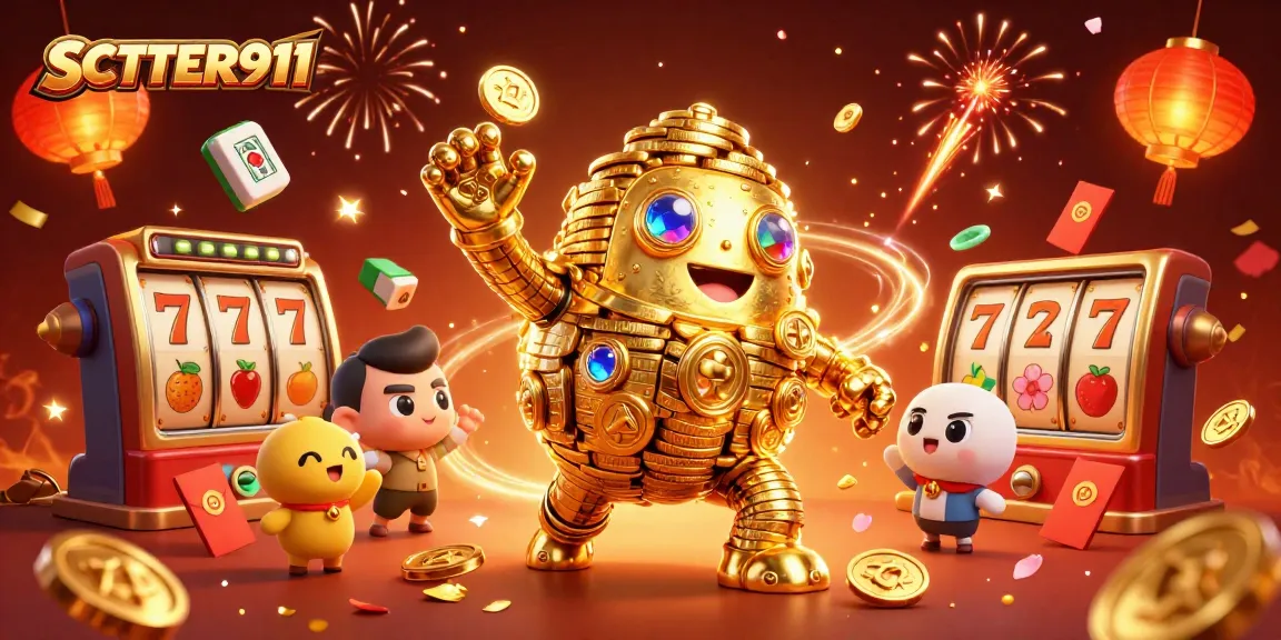 Engage with SCATTER911, featuring a golden golem, slot symbols and festive decorations for a thrilling online casino experience.