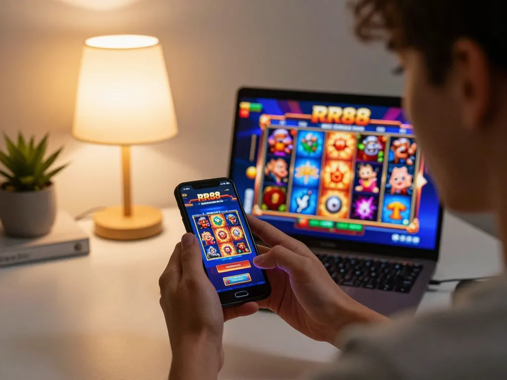 Engaging with RR88 casino app on smartphone in cozy home gaming setup.