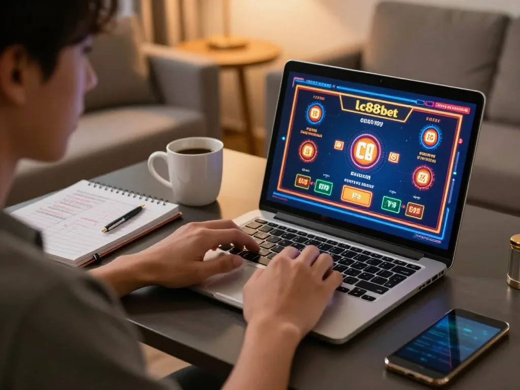 Engaging in lc88 bet while using laptop to play online casino games in a cozy home environment.