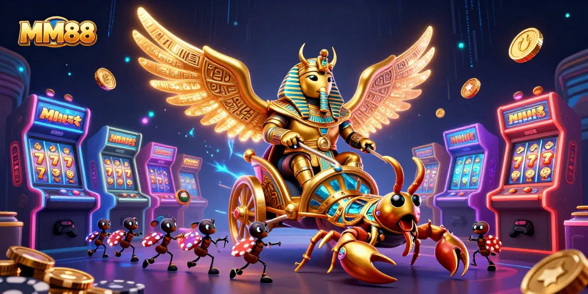 Experience the thrill of MM88 with vibrant gaming elements, featuring a colossal scarab in a rich casino environment.