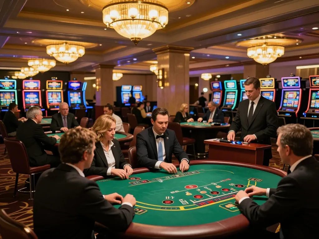 Players enjoying a thrilling mini-game at a luxurious blackjack table in a vibrant casino setting