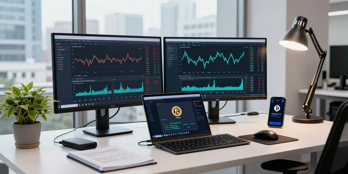 Bitcoin mining company workspace featuring live analytics, mining dashboards, and trading metrics in a modern tech office.