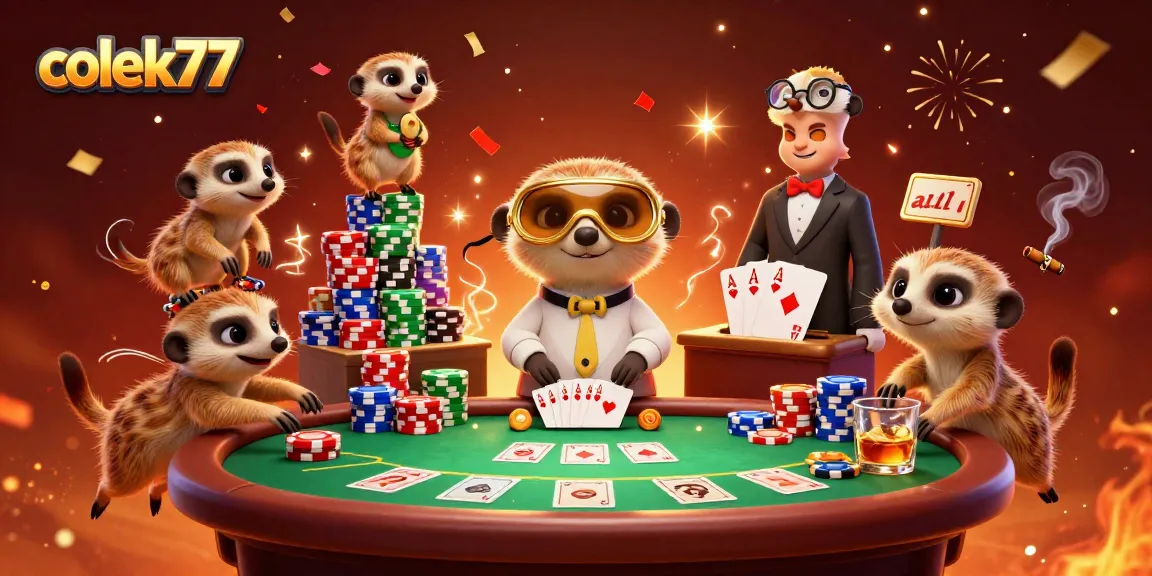 Experience the excitement of colek77 with meerkats running a vibrant casino scene.