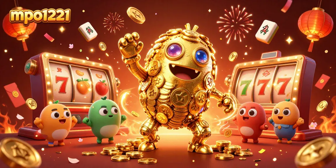 Experience the excitement of mpo1221 with vibrant slot reels and a golden golem in a festive casino scene.