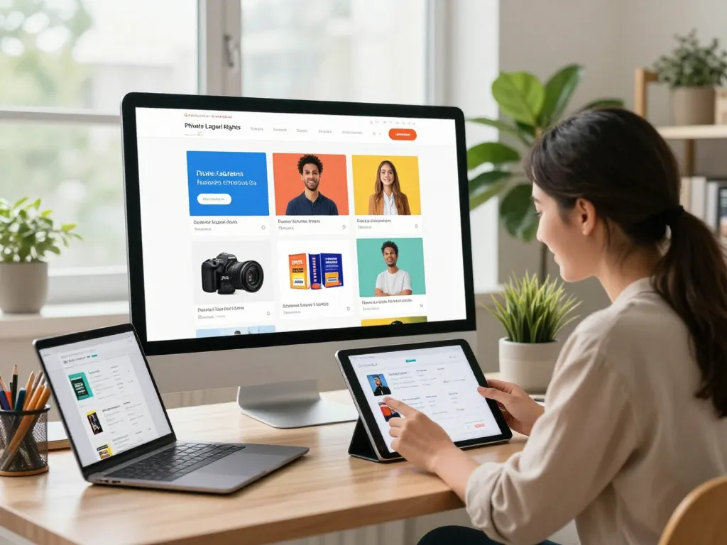 Buy Private Label Rights Products displayed in a vibrant e-commerce store, featuring digital goods.