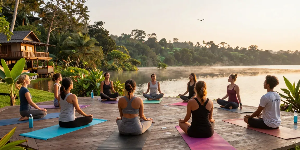 Yoga teacher training Sri Lanka at sunrise by Koggala Lake, group practicing asanas with tropical backdrop.
