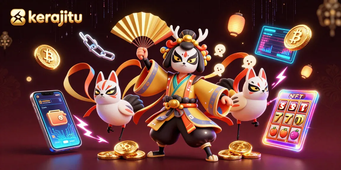 Experience kerajitu's dynamic slot game scene with kabuki warriors and crypto elements.