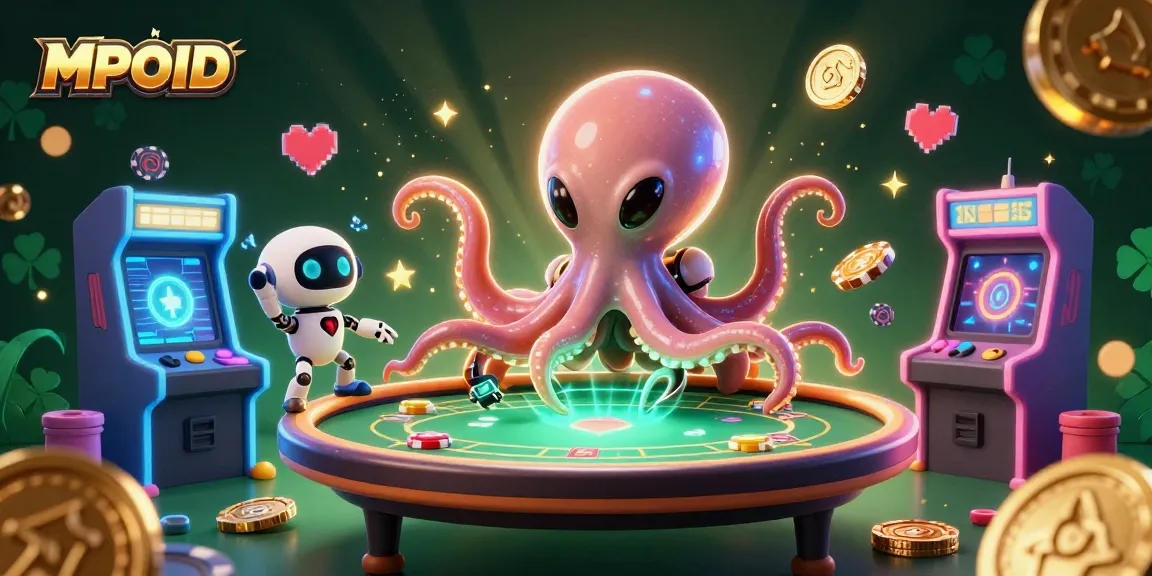 MPOID features an alien octopus at a floating poker table, surrounded by dazzling gaming elements.