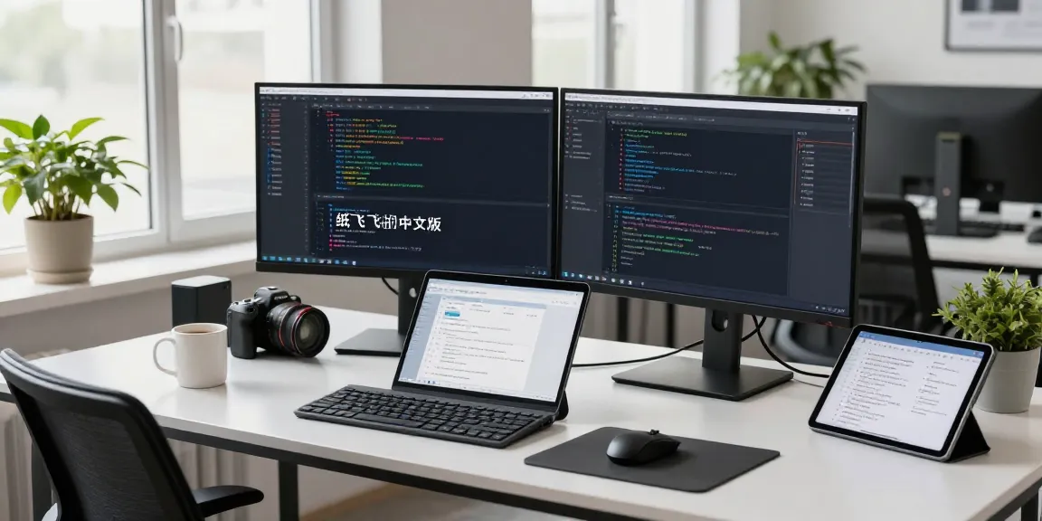 Focused software engineer developing 纸飞机中文版 in a modern workspace, surrounded by tech gadgets and a bright atmosphere.