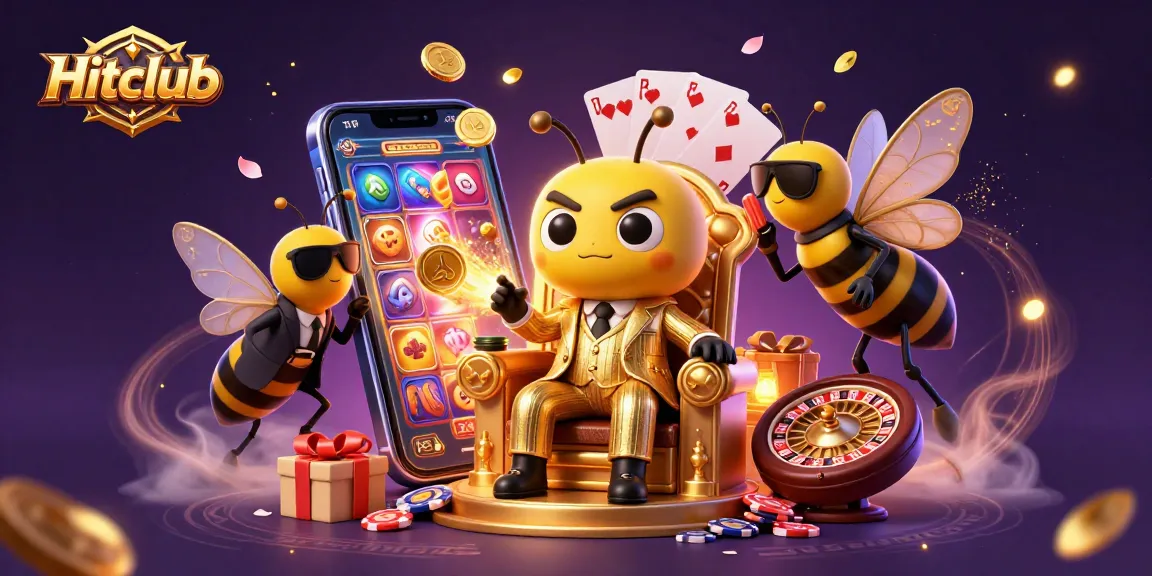 Hitclub captivates players with a dynamic casino scene featuring a bumblebee mob boss, slot games, and poker chips.