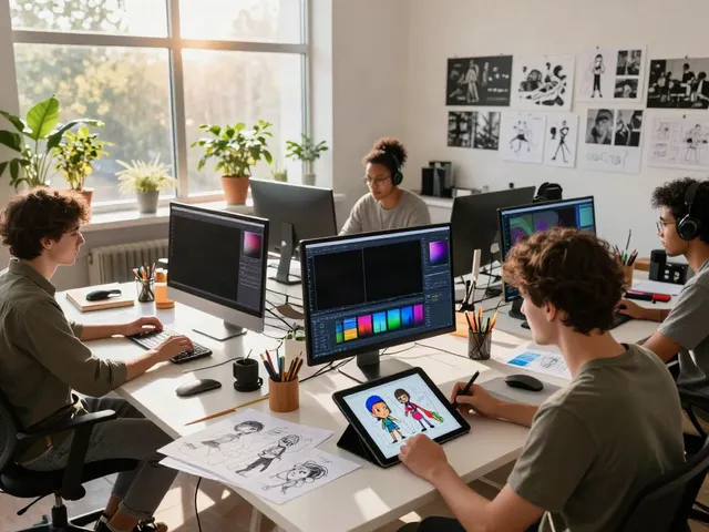 Artists collaborating on AI-generated visuals in a vibrant creative studio at typeshutter.com