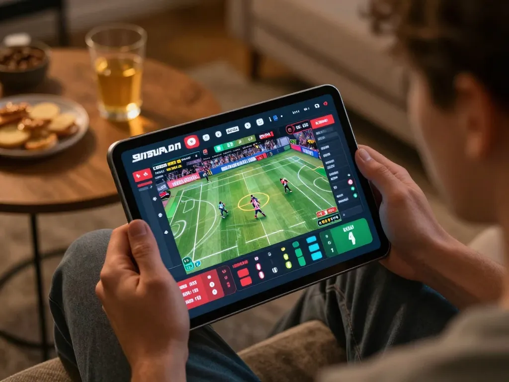 Engaging user betting on sports through their tablet at home, showcasing kkwin online gaming interface.