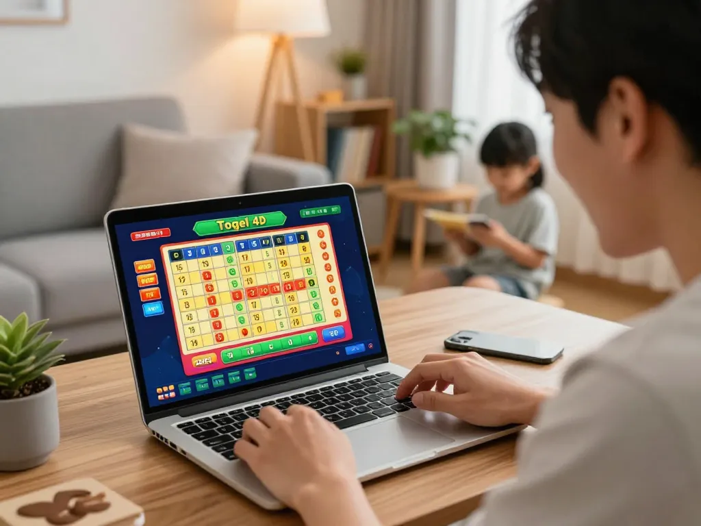 Engaging in togel 4D gameplay online on laptop, showcasing strategic betting in a cozy home.
