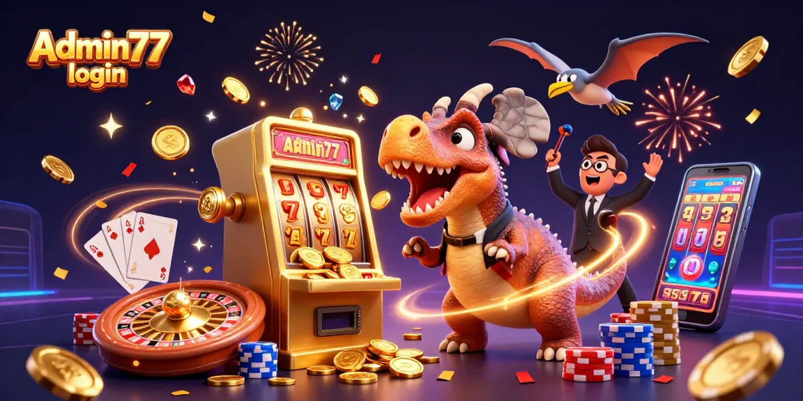 Engage with Admin77 login as a cartoon dinosaur wins jackpots, showcasing dynamic casino visuals.