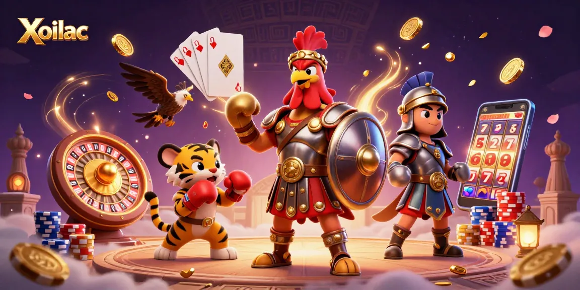 Xoilac showcases a dynamic scene featuring a gladiator rooster and tiger cub amid casino excitement.