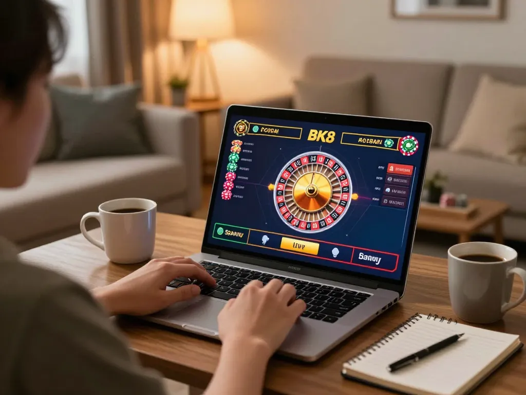 Engaged player enjoying BK8 online gaming with dynamic roulette display in cozy living room.