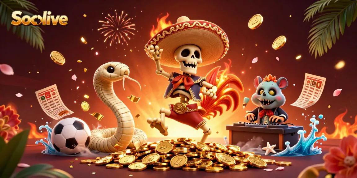 Socolive sports betting scene with a skeleton mariachi rooster, mummy snake, and zombie DJ celebrating among trophies and betting slips.