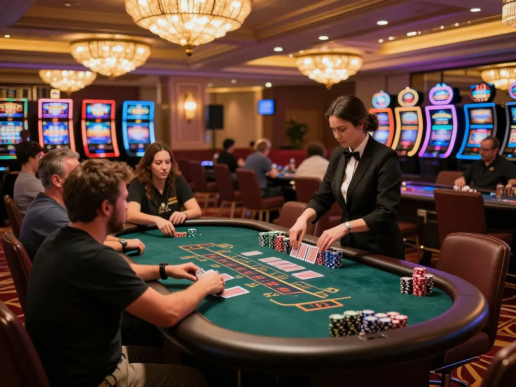 Players strategizing at a lively superjp blackjack table, vibrant casino atmosphere.