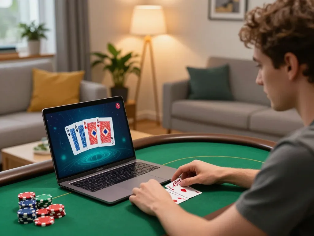 Engaged player strategizing at home with rokok88 online poker game on laptop, cozy ambiance.