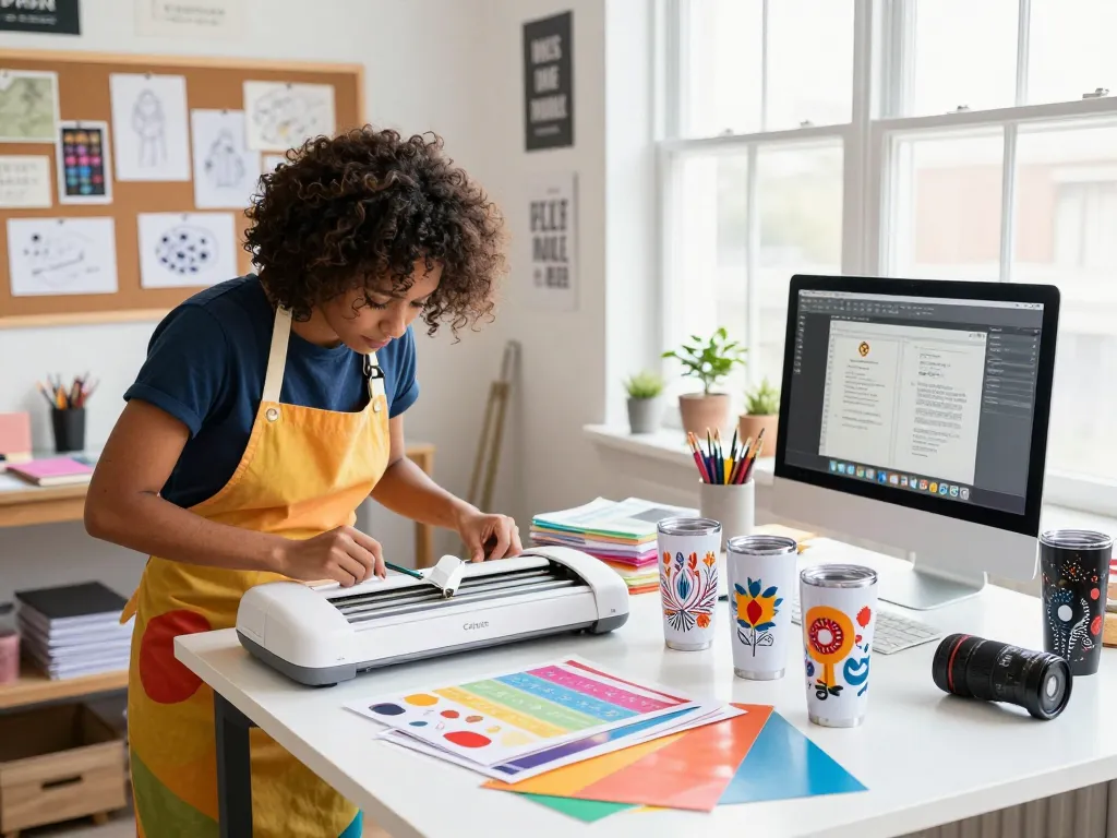 Designer crafting Svg files on Cricut machine in bright creative studio