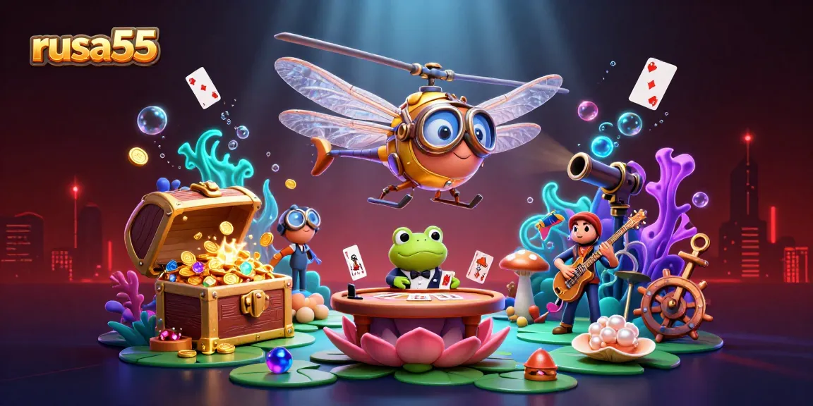 Experience the excitement of rusa55 with a vibrant casino scene featuring a dragonfly pilot, frog croupier, and lively musicians.