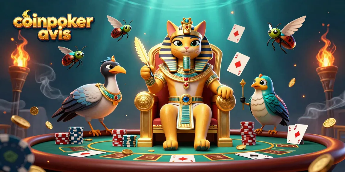 CoinPoker avis : Jouez aux cartes avec une illustration captivante de poker et de personnages égyptiens.